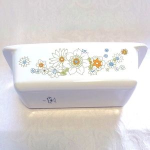 Corning Ware Floral Bouquet Bread Loaf Pan white, blue, yellow flowers 1969-1972